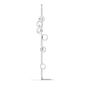 Floor lamp black and white line drawing, slender pole with multiple spherical translucent shades suspended at different heights, minimalist design.