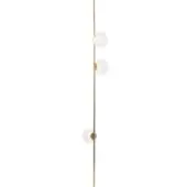 Floor lamp, brushed brass, 8ft tall with clear glass globes suspended along a slender, vertical column and circular base.