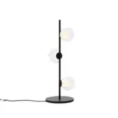 Floor lamp, matte black metal, slender pole with three clear glass globe shades and circular accents, 3ft height.