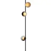 Floor lamp, black metal, with three spherical glass shades—amber, clear amber, and smoky gray—arranged vertically on a slender pole.