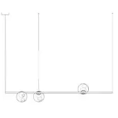 Linear pendant light, matte black finish, features three double-layered spherical glass shades suspended by equidistant cables.