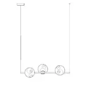 Pendant light fixture, matte black metal, linear bar with three spherical shades featuring recessed inner globes and square mounting plates.