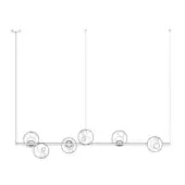 Linear chandelier with black metal finish and six spherical lights suspended from cables, minimalist modern design.