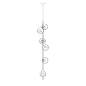 Linear chandelier with eight spherical fixtures, featuring minimalist face designs within dark metallic frames against a white backdrop.
