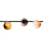 Suspended light fixture, black cord, three amber glass globes with layered rose and brown hues, spherical shape, internal bubbles.