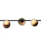 Suspended linear light fixture, black metal track, three amber-brown mottled glass globes with internal bubbles, angled downward.
