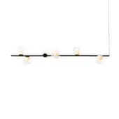 Suspended light fixture, black metal rod, six spherical glass globes, varying lengths, clear to amber tint, minimalist design.