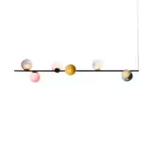 Suspended light fixture, black metal track, six spherical glass globes in translucent pale pink, amber, white, turquoise, lavender hues.