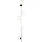 Pendant light, black metal and clear glass, vertical rod with six spherical frosted glass globes suspended at intervals.