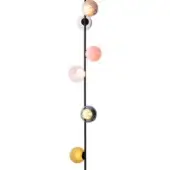 Suspension lamp, black metal, multicolored glass orbs—amber, pink, teal, yellow—arranged vertically on a slender rod, diffused lighting.