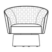 Two-seater armchair and ottoman line drawing, white background, quilted circular pattern, curved arms, rectangular seat, tapered ottoman legs.