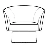 Barrel armchair line drawing with rounded back, paired with rectangular ottoman; black on white studio rendering.