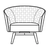Mid-century chair, gray circular fabric, rounded high backrest with nailhead trim, black frame, tapered wooden legs.