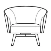 Armchair with black lines, rounded high back, rectangular seat, metal base, and tapered wooden legs on a white background.