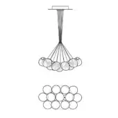 Chandelier line drawing, black and white, featuring a cluster of spherical glass globes suspended from vertical wires, with a grid diagram below.