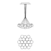 Chandelier line drawing, black wires, spherical glass orbs clustered in a rectangular form, with detailed orb arrangement shown below.