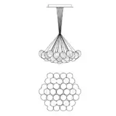 Hanging light fixture, dark metal wiring, thirty-five translucent spheres, textured glass, with technical line drawing below.