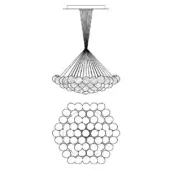 Chandelier line drawing, black and white, square mount with descending wires supporting a conical hub and dense spherical cluster.