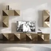 Exceptional Reflex Origami wall unit with geometric facets and a smooth matte lacquered light golden-beige wood finish