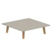 Light gray square surface rests on four angled, cylindrical legs with a warm brown wood-like grain