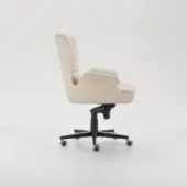 i4m Garbo armchair, beige fabric upholstery, curved backrest and arms, five-star swivel base, matte finish, studio shot, white background.