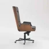 Black leather i4m Garbo armchair with curved back, wood panel accents, five-star base, and chrome adjustable mechanism for executive spaces.