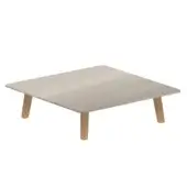 Granular light gray surface with four tapered cylindrical legs made of a light wood-like material