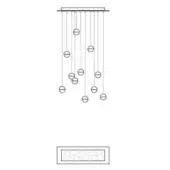 Linear chandelier technical drawing, metal finish, fourteen descending rods with circular frames, grid pattern inset, product code 14.11 rec.