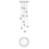 Chandelier technical drawing, metal rods, fourteen tiers, cascading circular elements, with schematic diagram below, black lines on white.