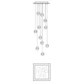 Linear chandelier with fourteen black rods and circular fixtures, over a 4x4 grid of circles, shown as a technical drawing.