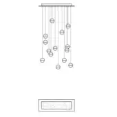 Chandelier with circular elements, metal finish, rectangular plate, varying rod lengths, honeycomb inset, and “14.14 rec” text.