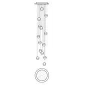 Linear chandelier black and white drawing, square plate, vertical rods with circular elements, hexagonal diffuser, minimalist modern design.