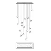 Linear chandelier with black metal rods and circular fixtures, staggered arrangement, rectangular base with dot pattern, modern design rendering.