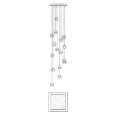 Chandelier line drawing, metal rods with circular elements, cascading geometric design, white background, square base with circular pattern.