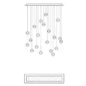 Chandelier line drawing, metal rods with circular fixtures, staggered arrangement, rectangular mounting plate, technical schematic, white background.