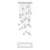 Linear chandelier with black metal rods suspending circular orbs over a white background, displaying a minimalist, schematic design.