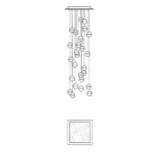 Linear chandelier black and white drawing, square plate, cascading circular frames on vertical rods, irregular arrangement, small circle pattern below.