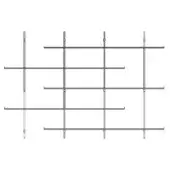 Modular shelving system, black metal, grid structure with adjustable shelf placement and cylindrical end caps on rectangular bars.