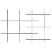 Schematic diagrams with black lines on white, depicting grid-like shelving systems with vertical supports and horizontal crossbars in geometric layouts.