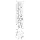 Chandelier schematic, white linear drawing, multi-tiered circular design with rectangular mounting plate and cascading vertical rods.
