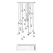 Minimalist chandelier, dark metal, cascading vertical rods with circular elements and a rectangular grid frame.