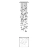 Linear chandelier technical drawing, white background, rectangular mount, cascading vertical rods with circular apertures, minimalist geometric design.