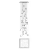 Linear chandelier black and white drawing, square plate, descending wires, circular lights, cascading arrangement, minimalist geometric design.