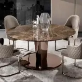 Elegant DV Home Collection Stanley table with swirling brown marble top and reflective bronze-toned stainless steel base exhibiting a glossy finish