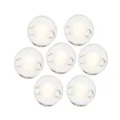Glass globe lights, clear glass, circular arrangement with warm LED bulbs, smooth reflective surface, minimalist spherical design, white background.