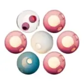 Spherical glass objects, translucent white to burgundy, clustered with circular inclusions and yellow dots against a white backdrop.