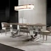 Superior DV Home Collection Hermes table with stainless steel base and dark glass top exhibiting a subtle pattern and polished finish