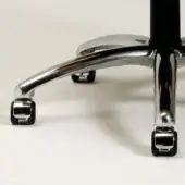 Aluminum chair base with black casters, featuring a five-star design and curved supports, polished to a high-gloss finish on a gray backdrop.