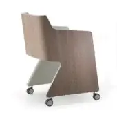 Modern chair, wood laminate and gray composite, geometric angled backrest with cutout seat on dark gray casters.