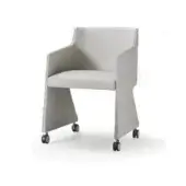 Light gray leather armchair with boxy shape, squared armrests, black caster wheels, and subtle stitching details, studio shot.
